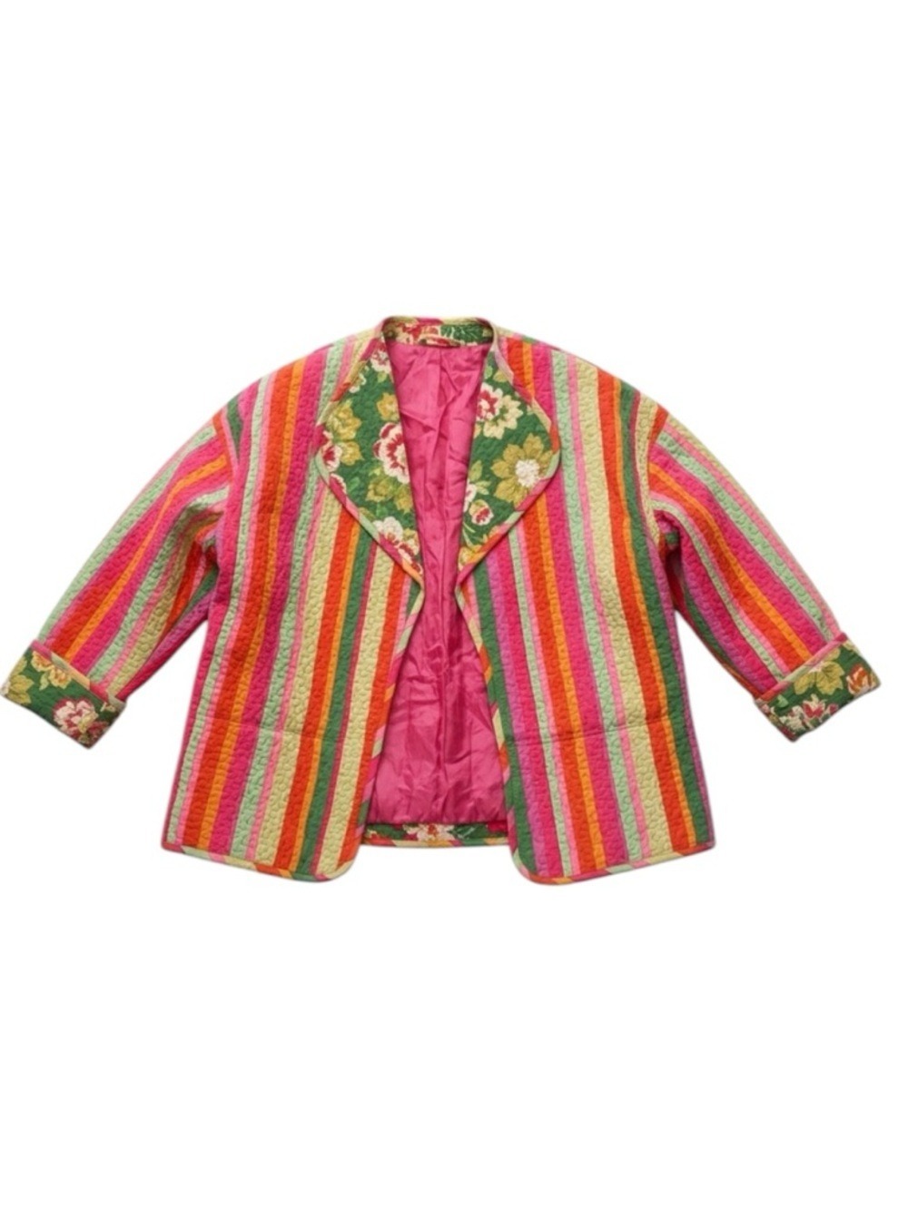 Rickie Freeman 100% Silk Quilted Blazer Striped Floral Open Front Size 6